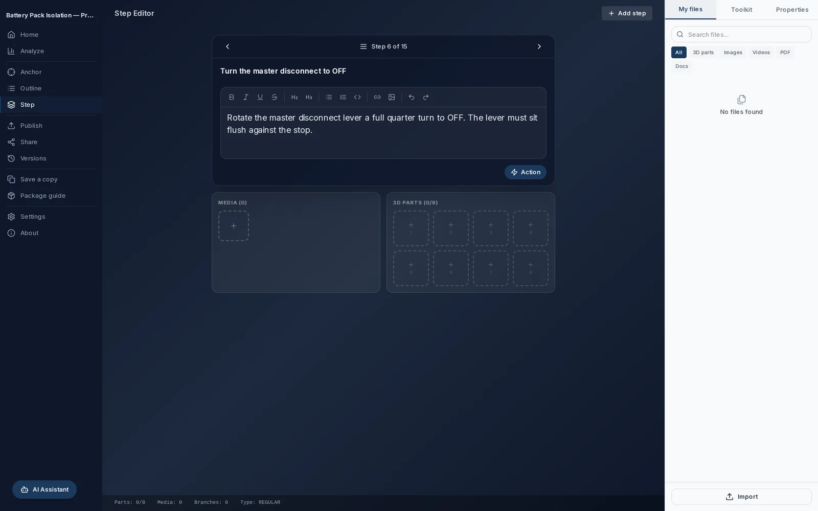 The step editor: a rich-text step with a formatting toolbar, empty media and 3D part slots, and an AI assistant button.